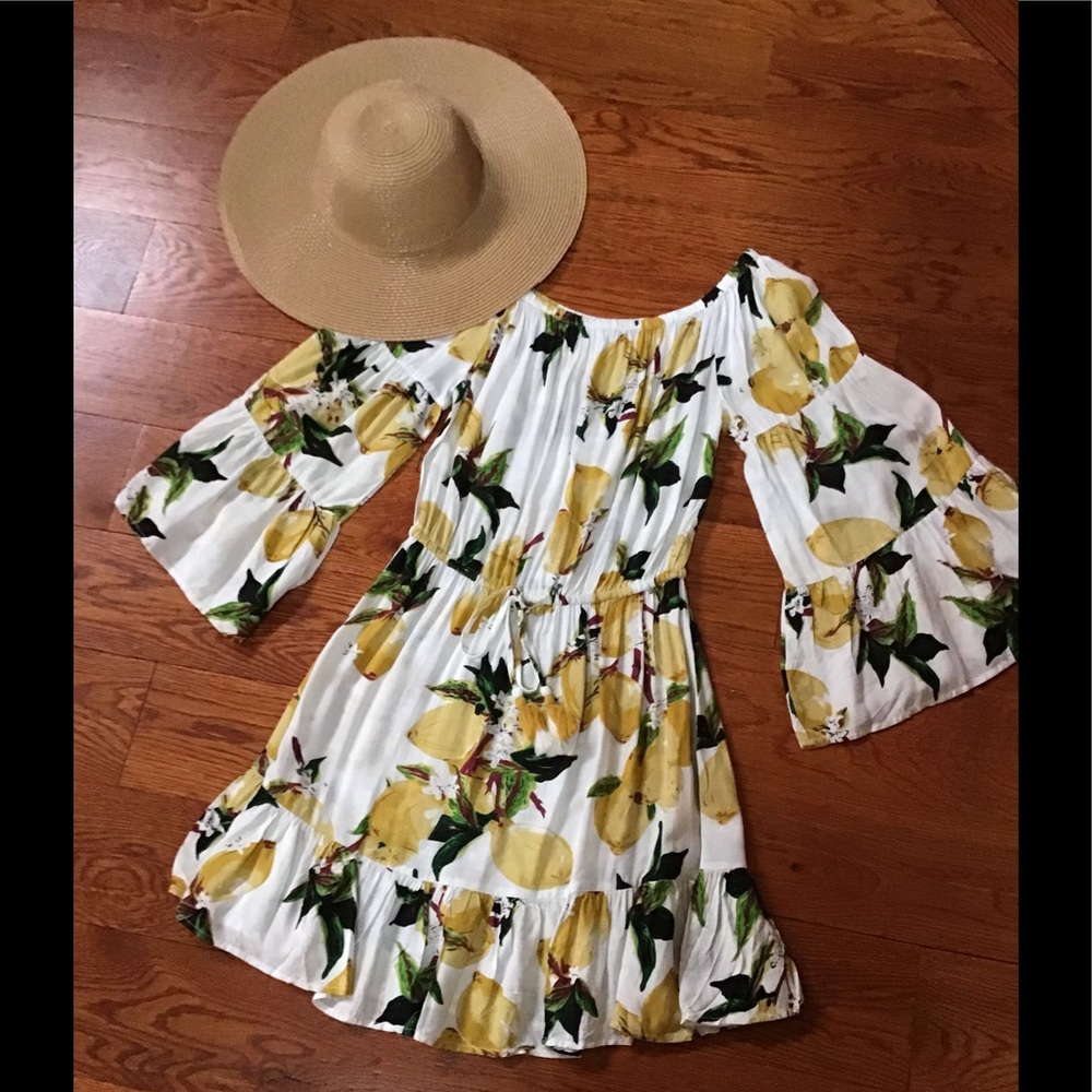 Blue Island Lemon Print Drawstring Off Shoulder Dress/ Cover-up Size XS - Picture 13 of 16